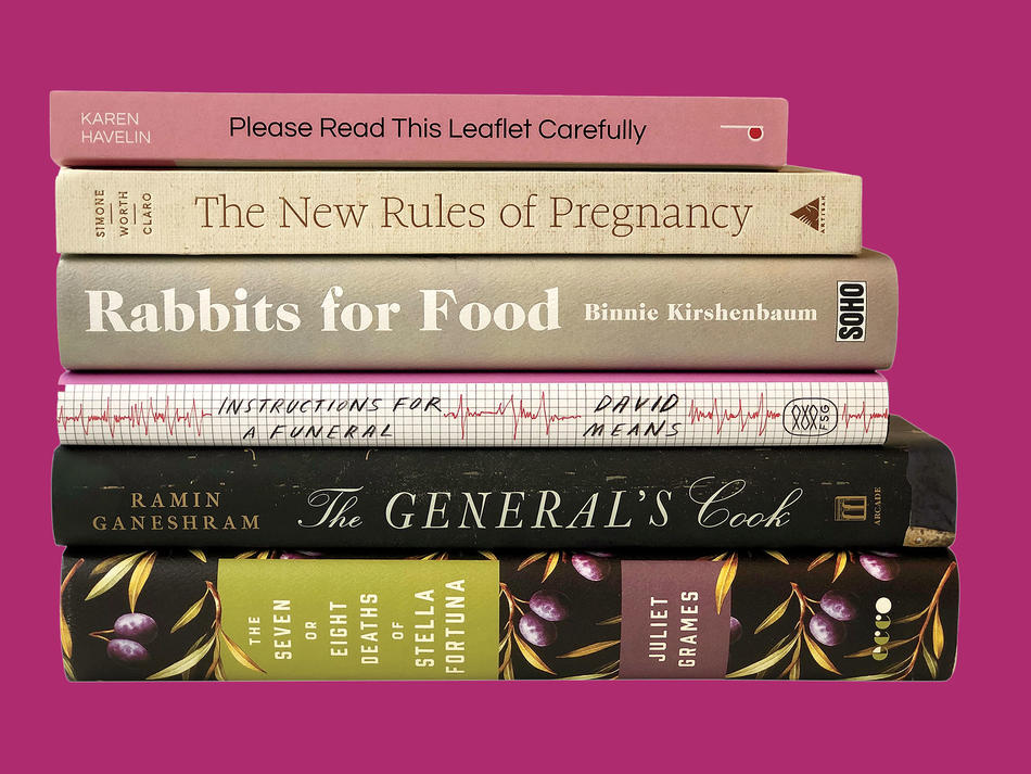 Book spines: Please Read this Leaflet Carefully, The New Rules of Pregnancy, Rabbits for Food, Instructions for a Funeral, The General's Cook, The Seven or Eight Deaths of Stella Fortuna