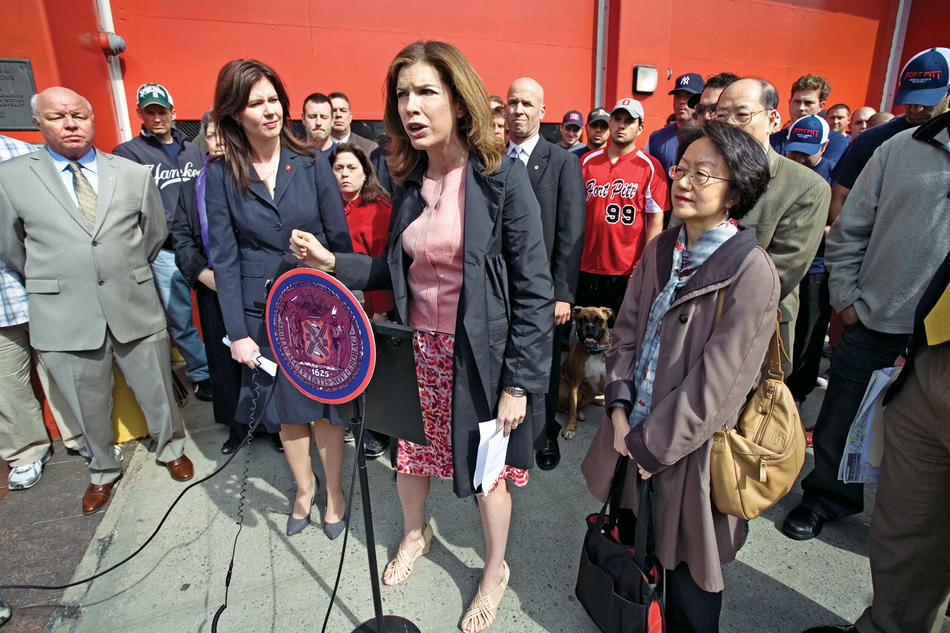 At an April 2010 press conference convened by New York City Council speaker Christine Quinn, Julie Menin calls for the creation of a public food market in the South Street Seaport