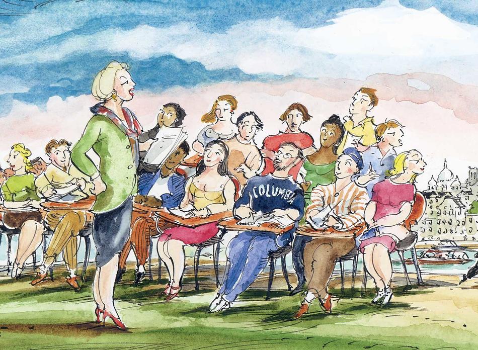 Illustration by Mark Steele of Priscilla Parkhurst Ferguson teaching her Columbia course Food and the Social Order