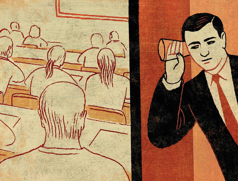 Illustration of person eavesdropping on classroom