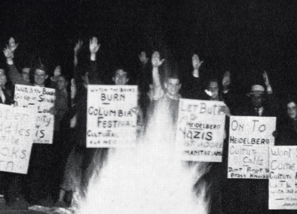Columbia students stage a mock book burning in 1936 to protest Nicholas Murray Butler's decision to send a delegate to the University of Heidelberg's 550th anniversary celebration