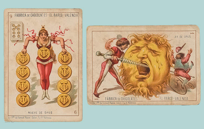 Baraja Capricho, Enrique Pastor Cortina, artist, Lit. Viuda de Ismael Haase, for Fabrica de Chocolates El Barco, Valencia, Spain,1875-88.