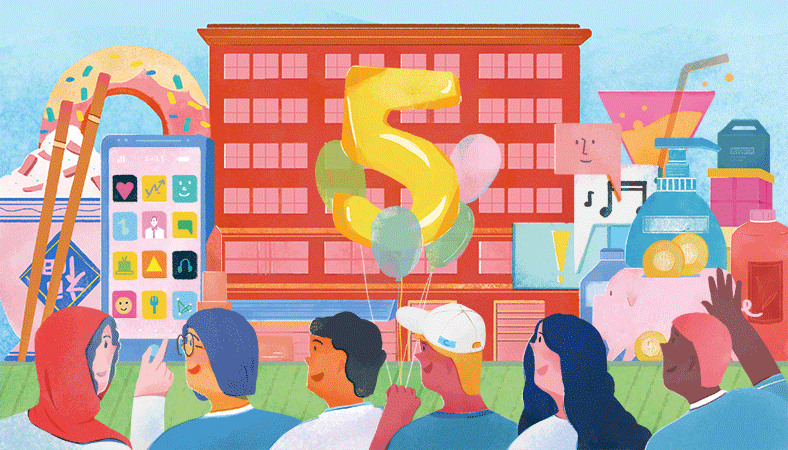 Animation of 5-year anniversary celebration at Columbia Startup Lab, art by Jianan Liu
