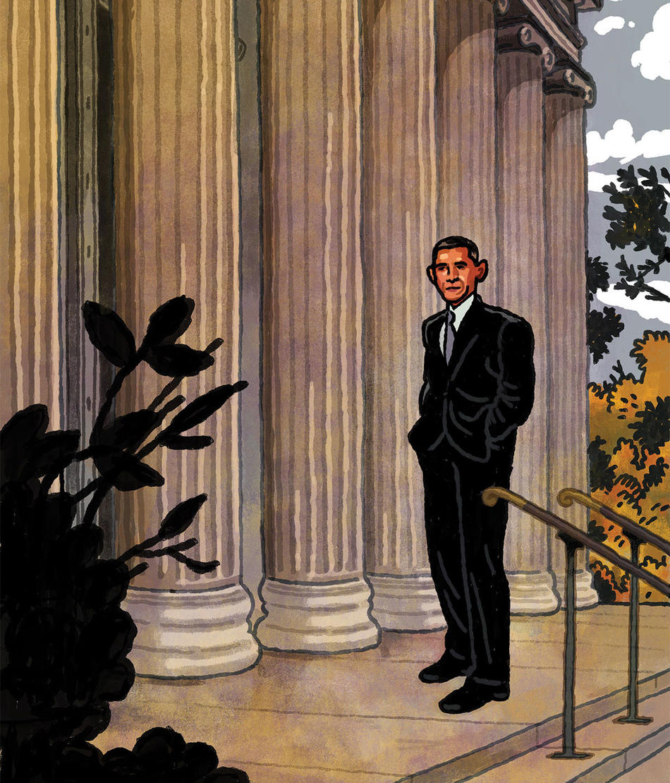 Illustration of Barack Obama in front of White House, by Richie Pope