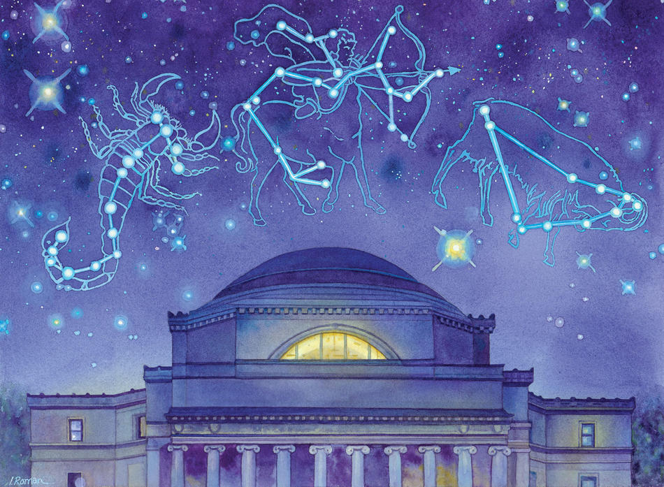 Illustration by Irena Roman of Columbia's Low Library underneath constellations