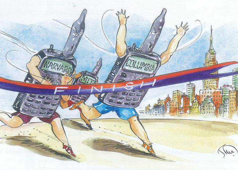 Illustration by Mark Steele of walkie talkies running a marathon