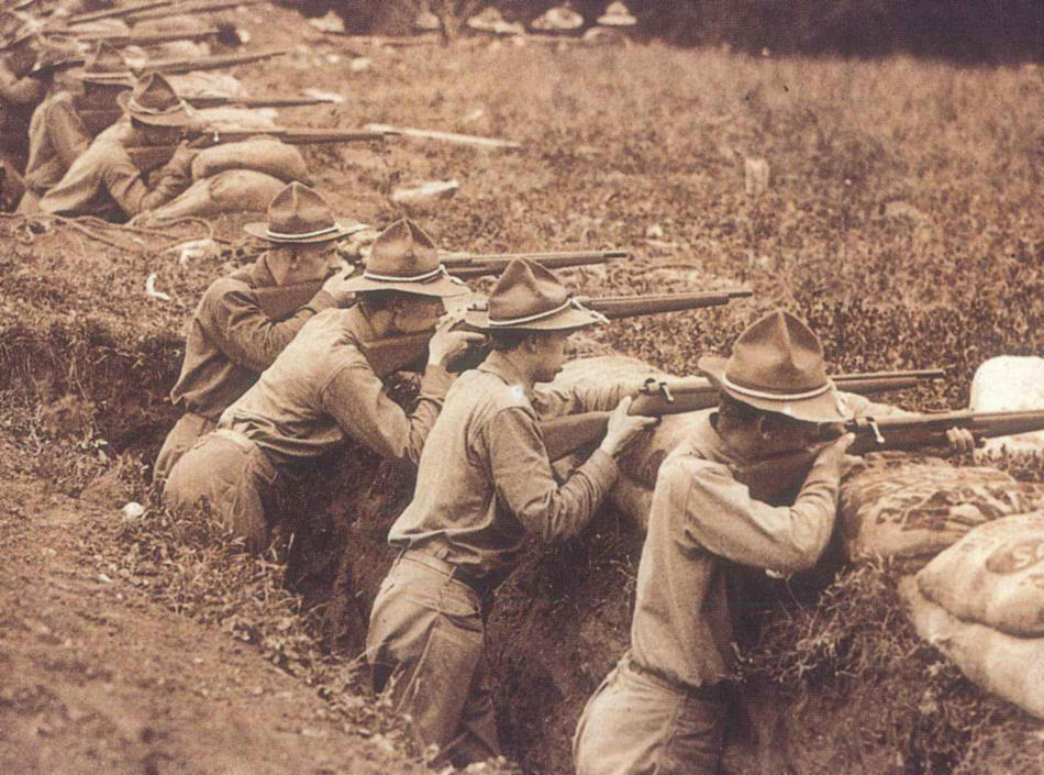 Columbia students training to fight in World War I practicing shooting at Camp Columbia in Litchfield, CT