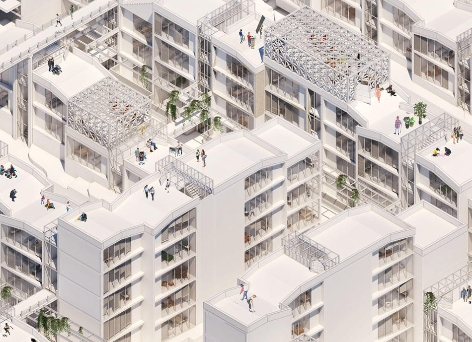 Rendering of a housing complex by Alexandros Howard Prince-Wright and Yoonwon kang