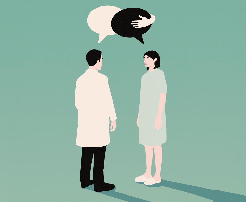 Illustration by Anna Parini of doctor listening to a patient