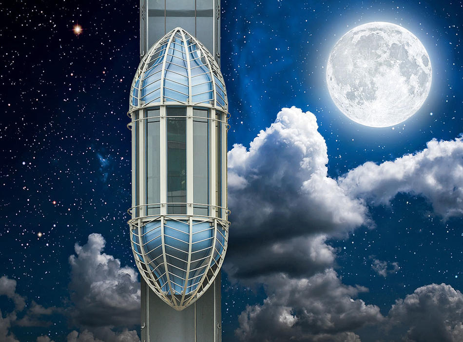 An illustration of an elevator to the moon, from a proposal by Columbia astronomers Zephyr Penoyre and Emily Sandford