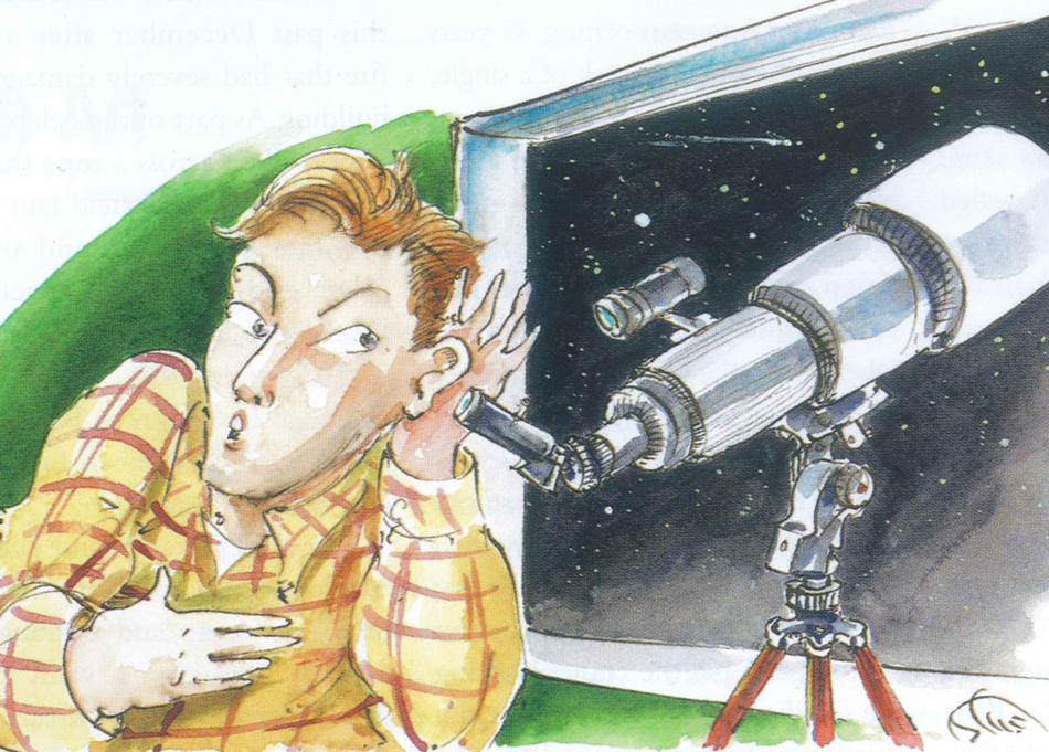 Illustration by Mark Steele of man putting ear to telescope eyepiece 