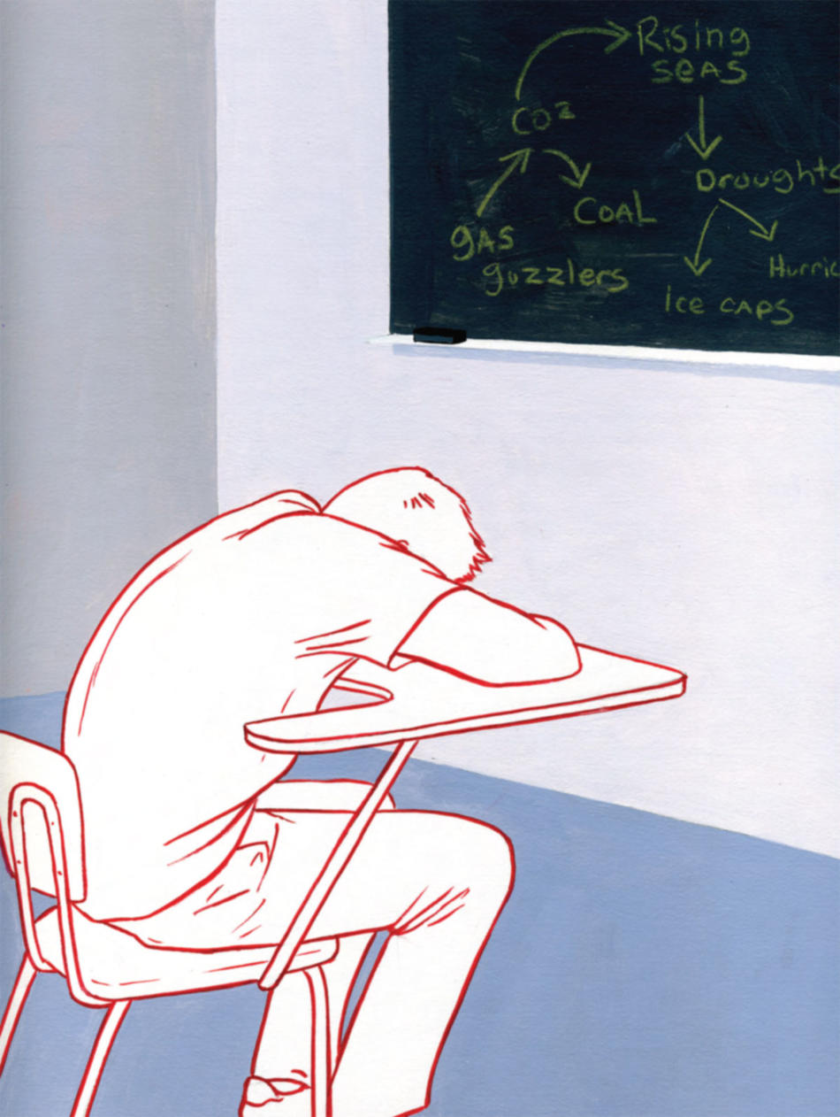 Illustration by Arthur E. Giron of a person falling asleep in a classroom 