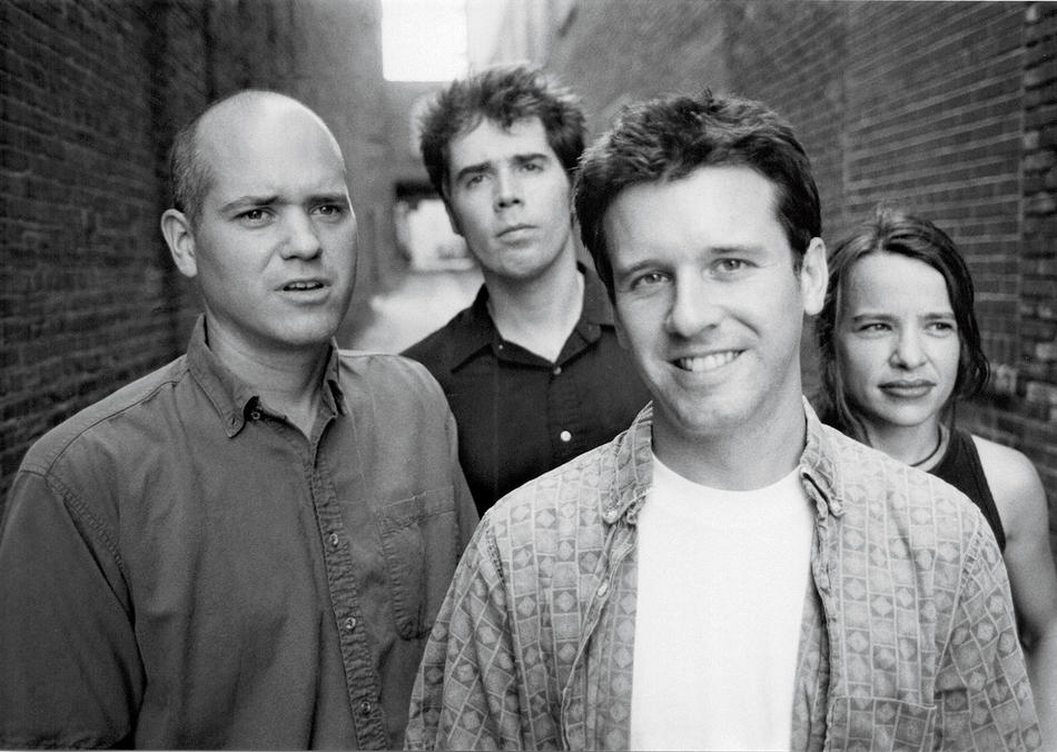 Members of the band Superchunk circa 2001: Jim Wilbur, Jon Wurster, Mac McCaughan, and Laura Ballance.