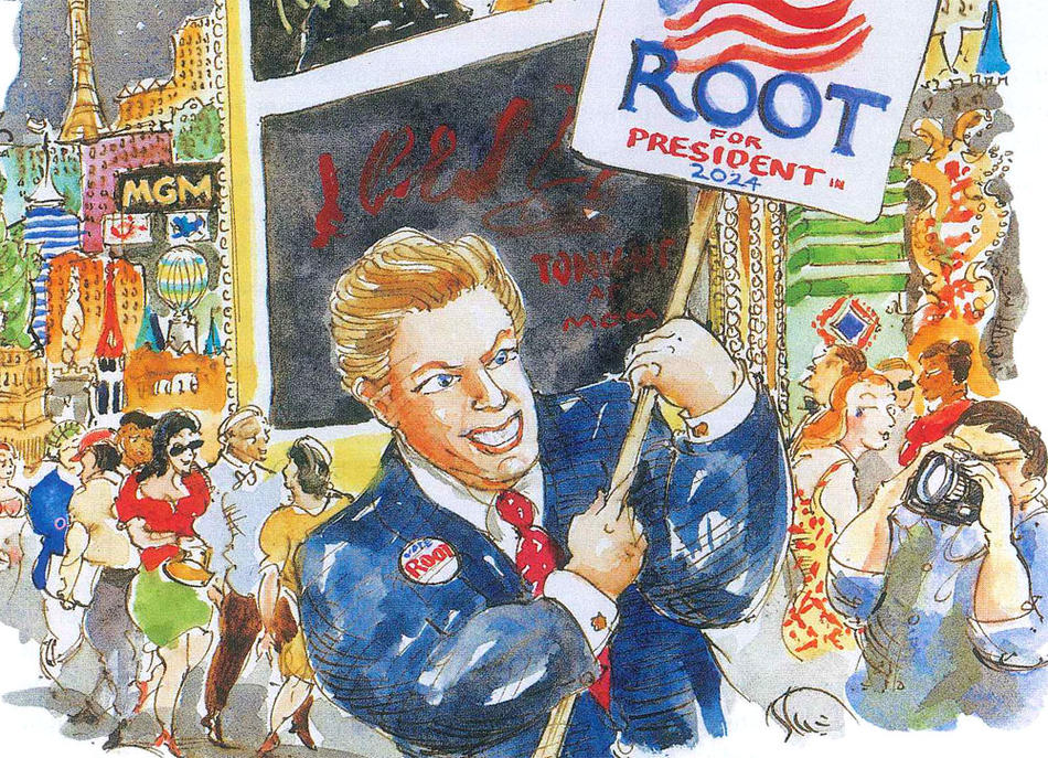 Illustration by Mark Steele of Wayne Allyn Root running for president in 2024
