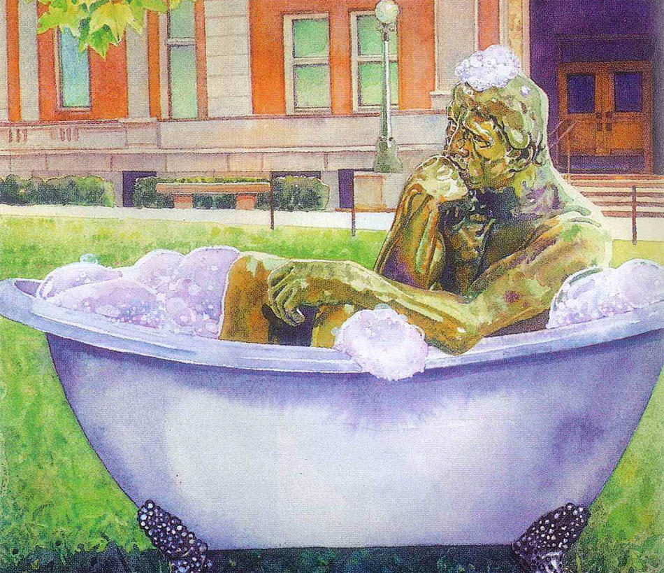 Illustration by Irena Roman of Columbia University's "The Thinker" statue in a bathtub outside Philosophy