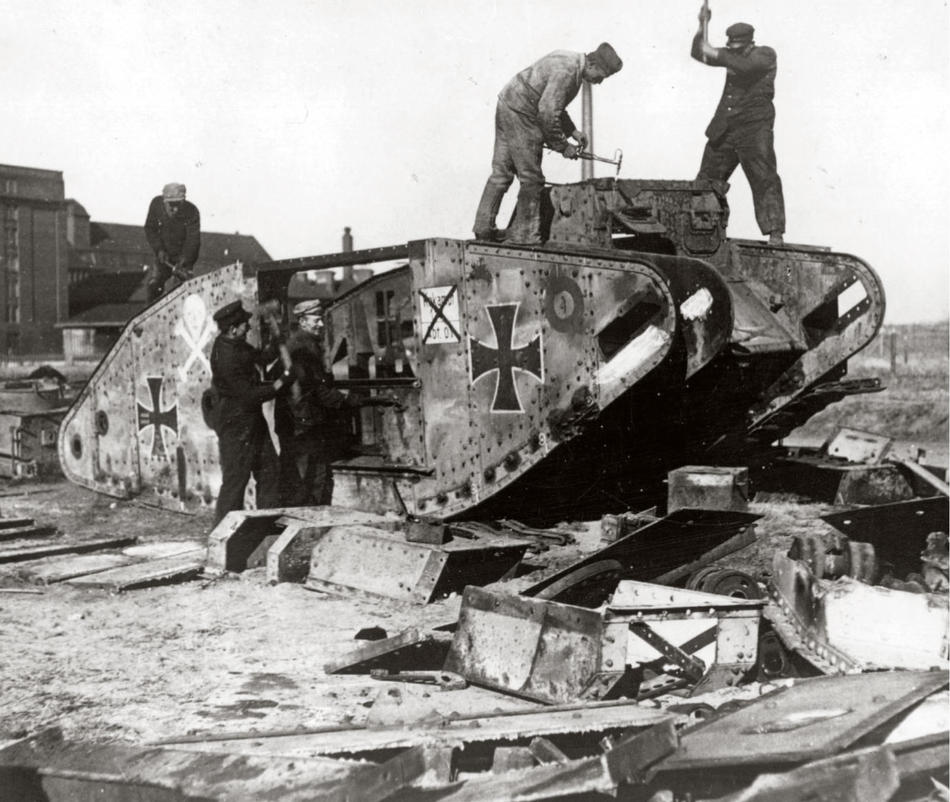 Germans scrapping their war machines in 1919 under the terms of the Treaty of Versailles