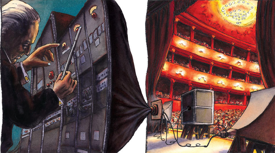 Illustration of a sound engineer working behind the scenes at a concert hall, by Philippe Lechien