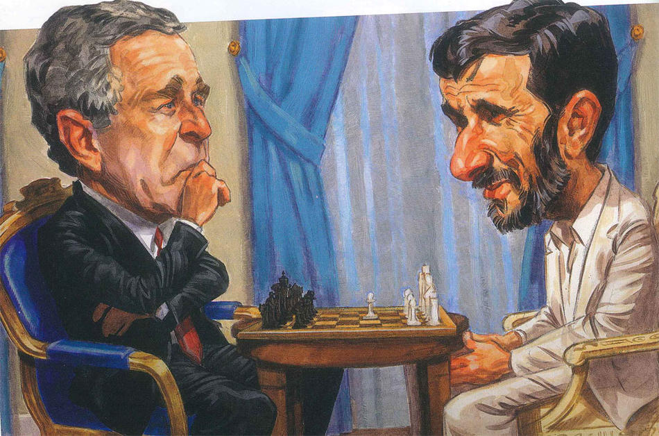 Illustration by Darren Gygi or George W. Bush playing chess with former Iran president Mahmoud Ahmadinejad