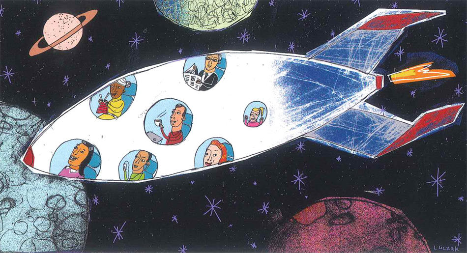 Illustration by Laurie Luczak of people inside a rocket ship