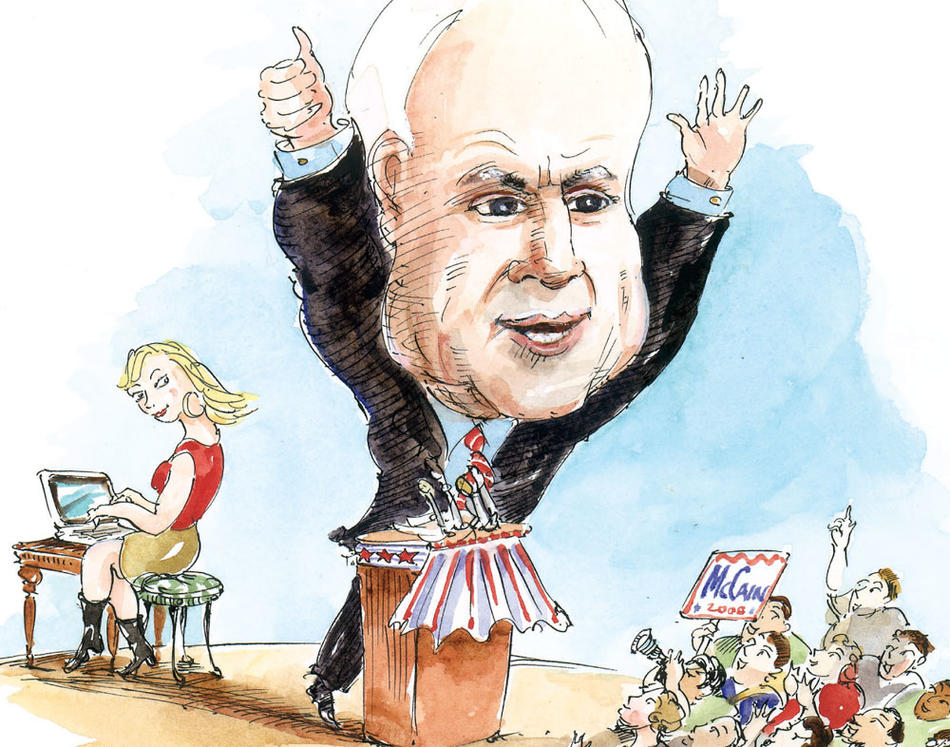 Illustration by Mark Steele of John McCain campaigning for president in 2008 with Meghan McCain blogging behind him