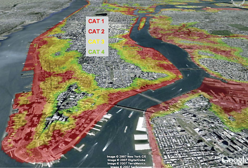 Map of New York City with hypothetical flooding from a hurricane after significant sea-level rise