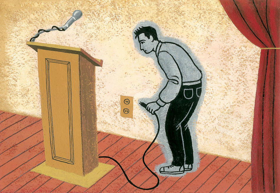 Illustration by James Steinberg for Columbia Magazine's winter 2006-07 issue of a man unplugging a speaker's podium 