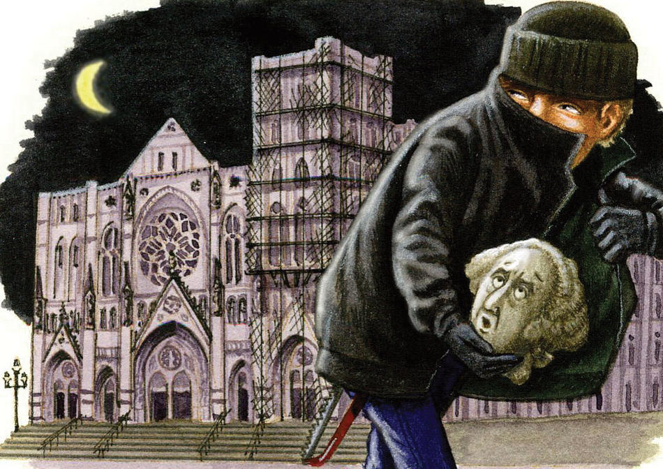 Illustration for Columbia Magazine by Nancy Harrison of a burglar stealing the head of George Washington from the Cathedral of Saint John the Divine