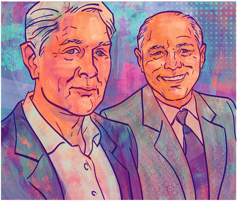 Illustration by Kyle T. Webster of Columbia emeritus faculty Doug Chalmers and Frank Wolf