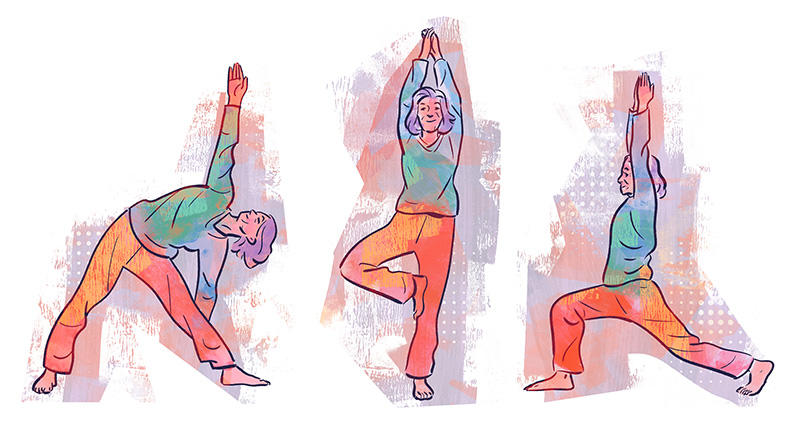 Illustration by Kyle T. Webster of Ginny Papaioannou, emerita professor of genetics and development at Columbia, doing yoga poses (triangle pose, tree pose, high lunge)