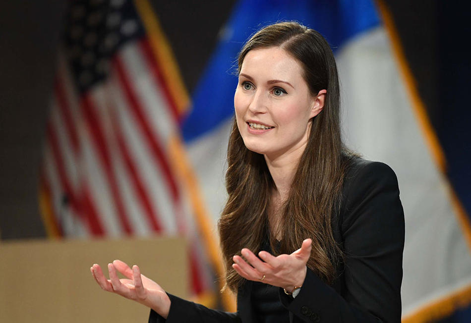 Sanna Marin speaking at Columbia University in March 2020