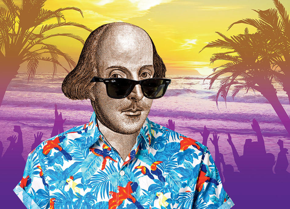 Illustration of William Shakespeare in a Hawaiian shirt against a tropical backdrop