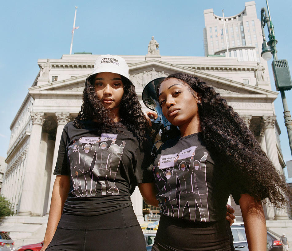 Freedom March NYC founders Chelsea Miller and Nialah Edari, standing in front of NYC courthouse