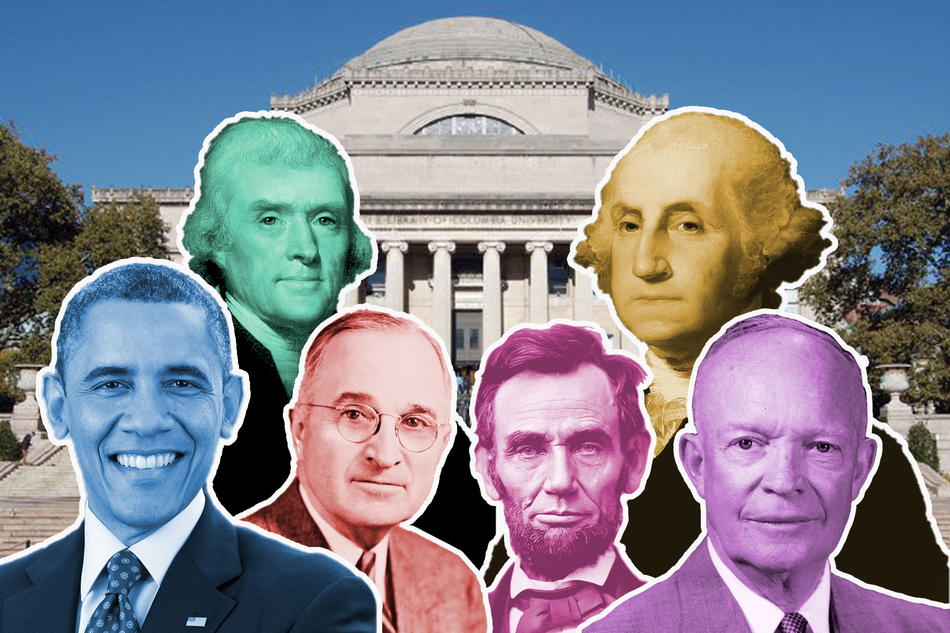 Collage of Barack Obama, Thomas Jefferson, Harry Truman, Abraham Lincoln, George Washington, and Dwight D. Eisenhower on Columbia University campus with Low Library in background