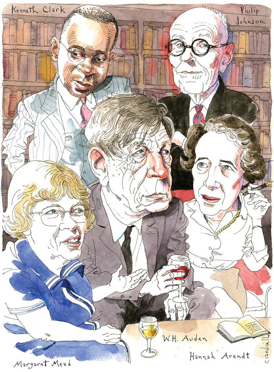 Illustration by Joe Ciardiello of Kenneth Clark, Philip Johnson, Hannah Arendt, W.H. Auden, and Margaret Mead for Columbia Magazine, Winter 2020-21