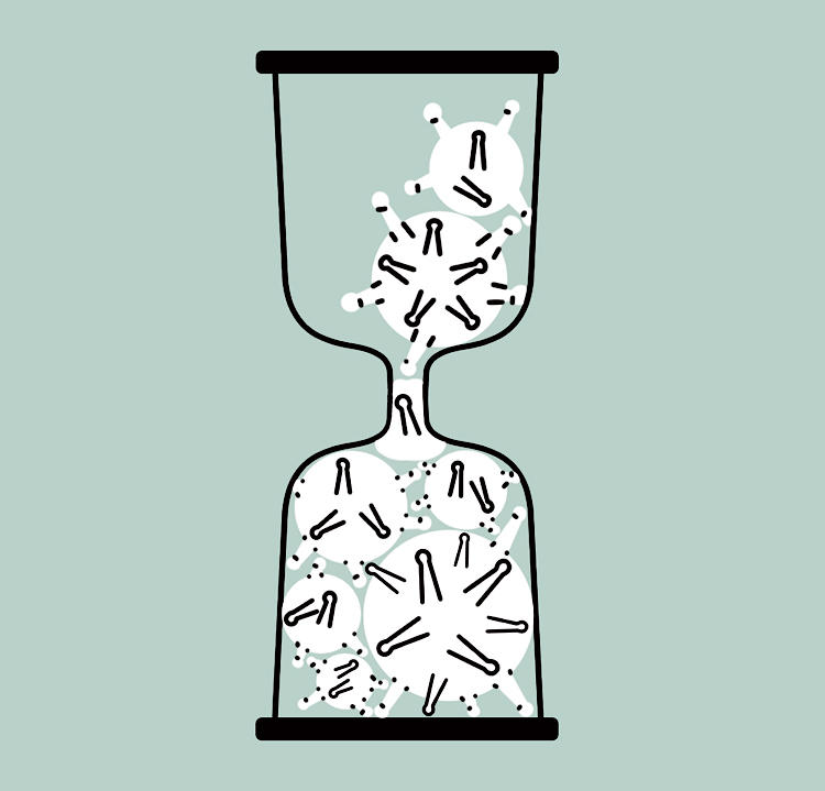 Illustration by Sergio Membrillas of an hourglass tracking time until the pandemic ends