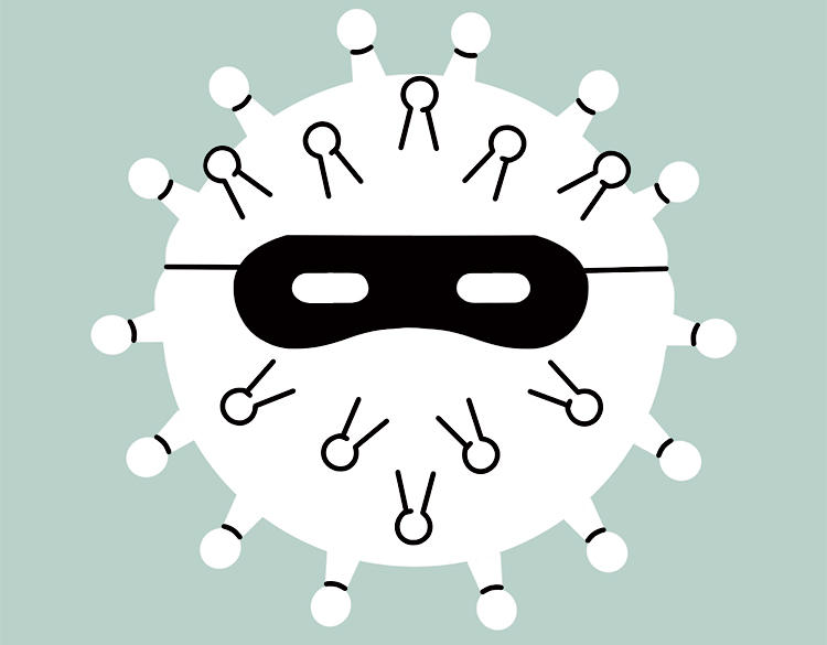 Illustration by Sergio Membrillas of a COVID virus wearing an eye mask