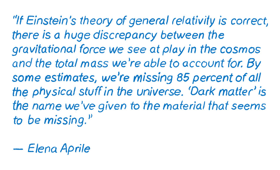 “If Einstein’s theory of general relativity is correct, there is a huge discrepancy between the gravitational force we see at play in the cosmos and the total mass we’re able to account for. By some estimates, we’re missing 85 percent of all the physical stuff in the universe. ‘Dark matter’ is the name we’ve given to the material that seems to be missing.” — Elena Aprile