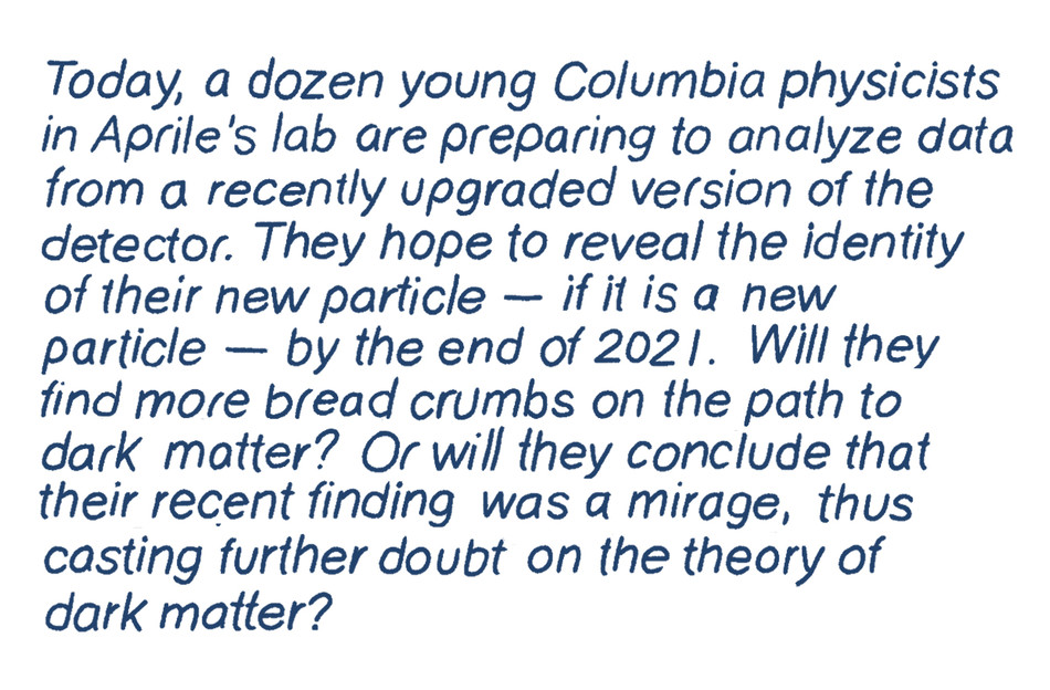 Today, a dozen young Columbia physicists in Aprile’s lab are preparing to analyze data from a recently upgraded version of the detector.  They hope to reveal the identity of their new particle — if it is a particle — by the end of 2021.  Will they find more bread crumbs on the path to dark matter? Will they discover an exotic new particle? Or will they conclude that their recent finding was a mirage, thus casting further doubt on the theory of dark matter?