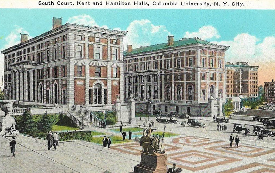 Vintage postcard featuring Alma Mater statue