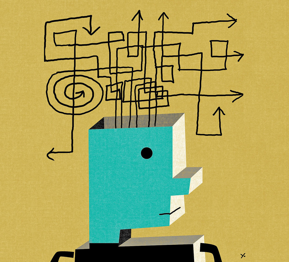 Illustration by James Yang of a robot with complex thoughts