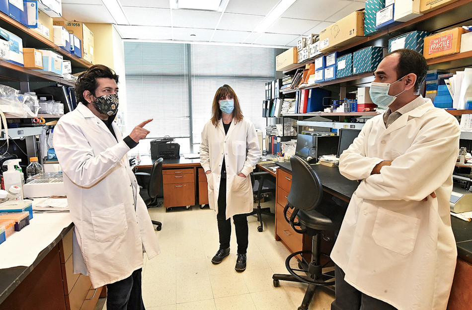 Columbia cancer researchers Siddhartha Mukherjee, Florence Borot and Abdullah Mahmood Ali in a Columbia University Medical Center lab. Photographed by Eileen Barroso.