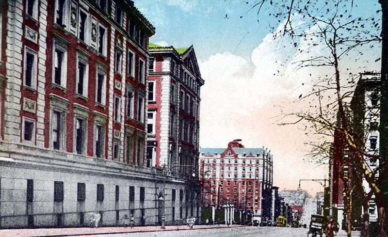 Vintage postcard featuring illustration of Amsterdam Ave next to Columbia University