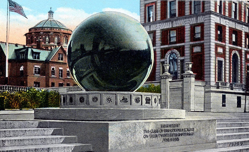 Vintage illustration of old sun dial on Columbia University campus, on postcard
