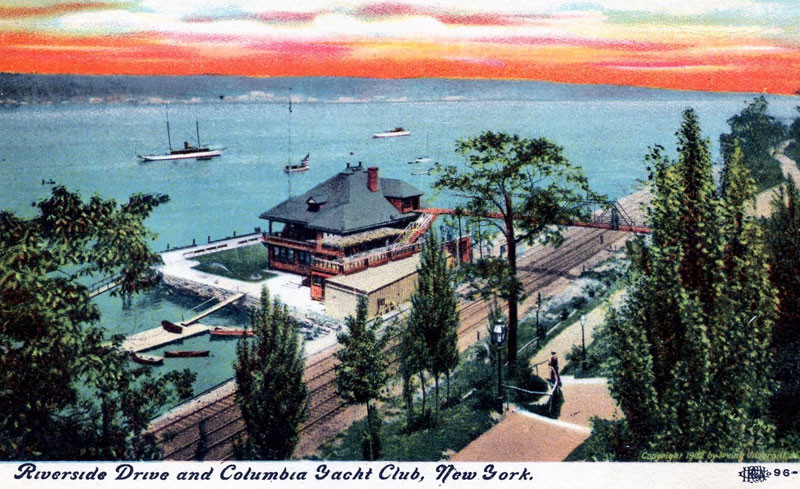 Vintage postcard image of Columbia University Yacht Club on Hudson River