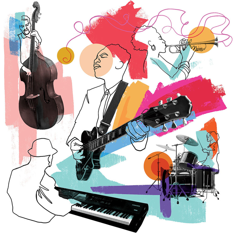 Illustration by Greg Betza of jazz musicians for Columbia Magazine, Fall 2021
