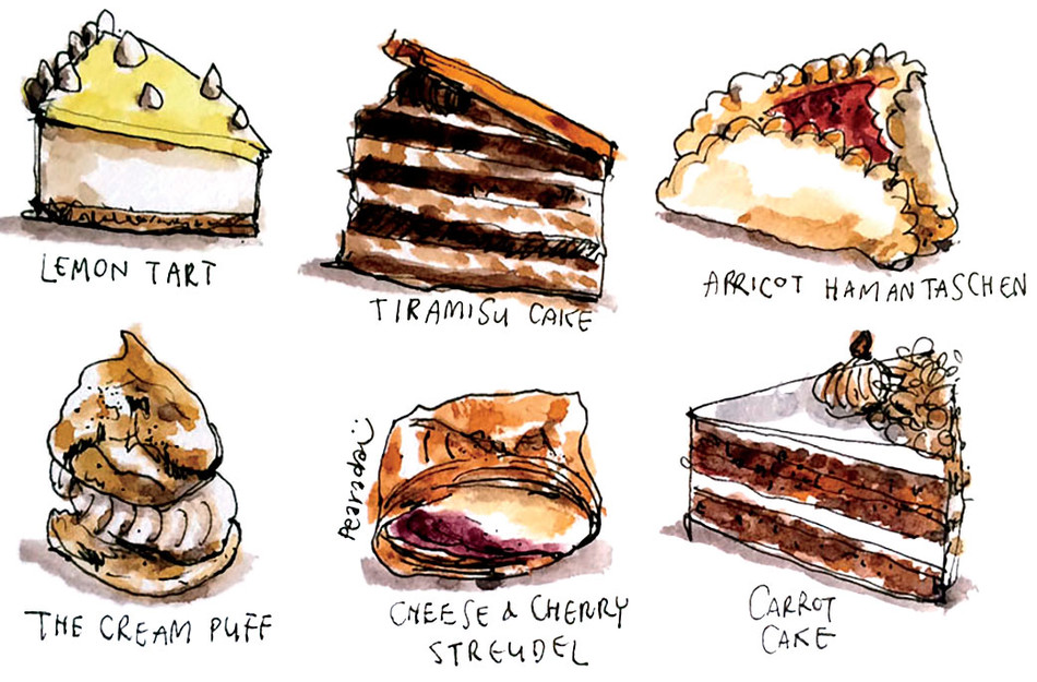Illustrations by Pearada Unahalekhaka of pastries at the Hungarian Pastry Shop in Morningside Heights, NYC