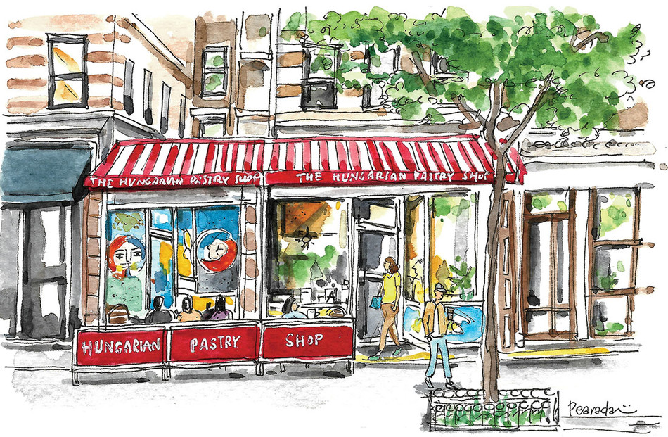 Illustration by Pearada Unahalekhaka of the Hungarian Pastry Shop in Morningside Heights, NYC