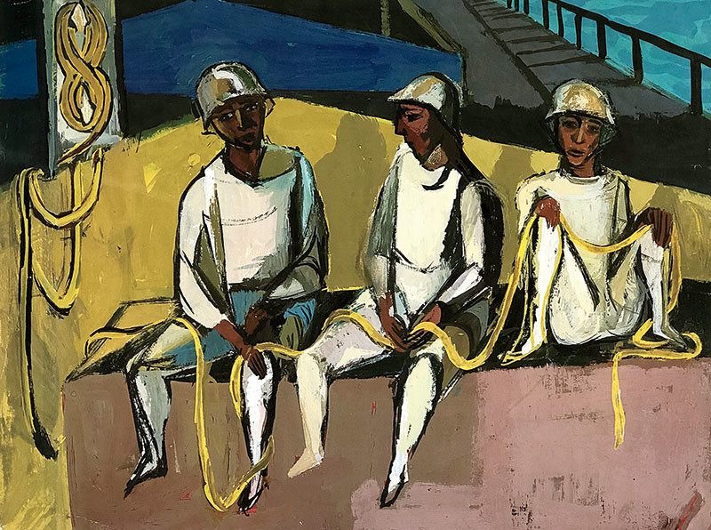 A painting of three soldiers working as stevedores, by Ashley Bryan