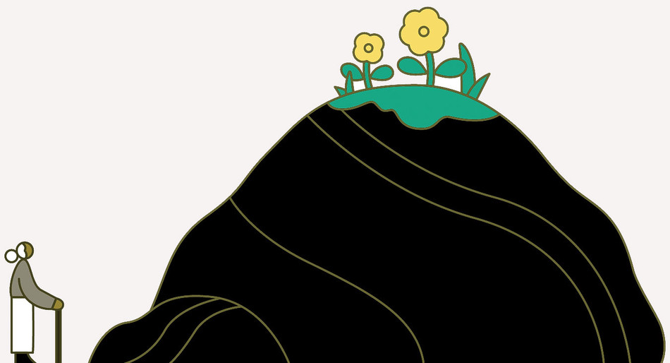 Illustration by Rose Wong of a woman looking at flowers on top of a large hill