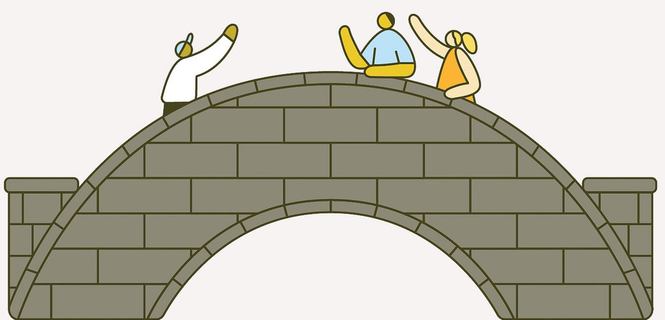 Illustration by Rose Wong of people on a bridge